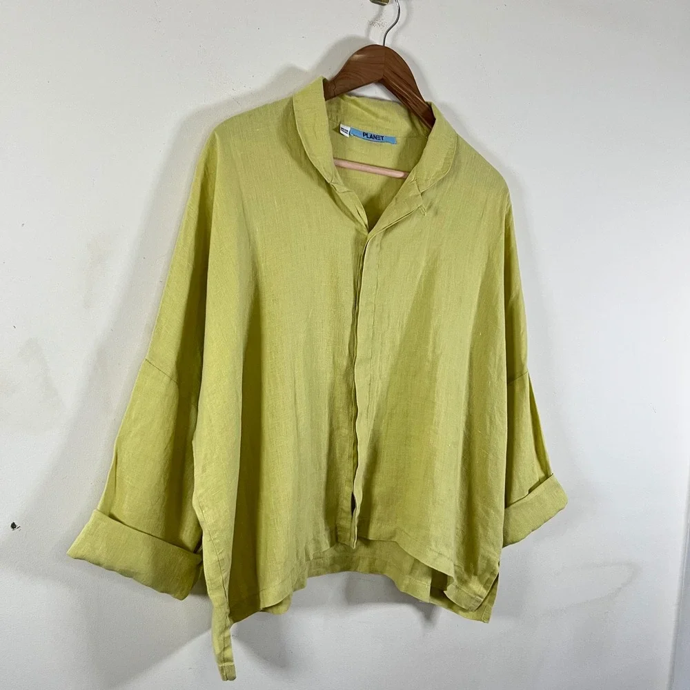 Planet By Lauren G Linen Chartreuse Green Signature Shirt Lagenlook USA Made OS - Picture 2 of 8